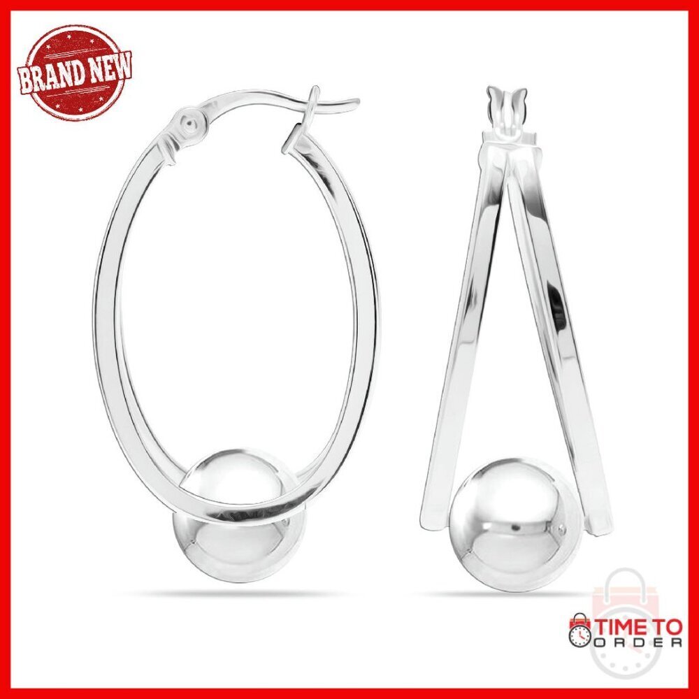 Sterling Silver Beaded Hoop Earrings, 30mm Sleeper Hoops, Click-Top Closure